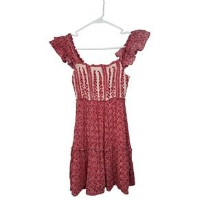Sim & Sam Mini Dress Womens XS Red Floral Ruffle Smocked Tiered Boho Babydoll